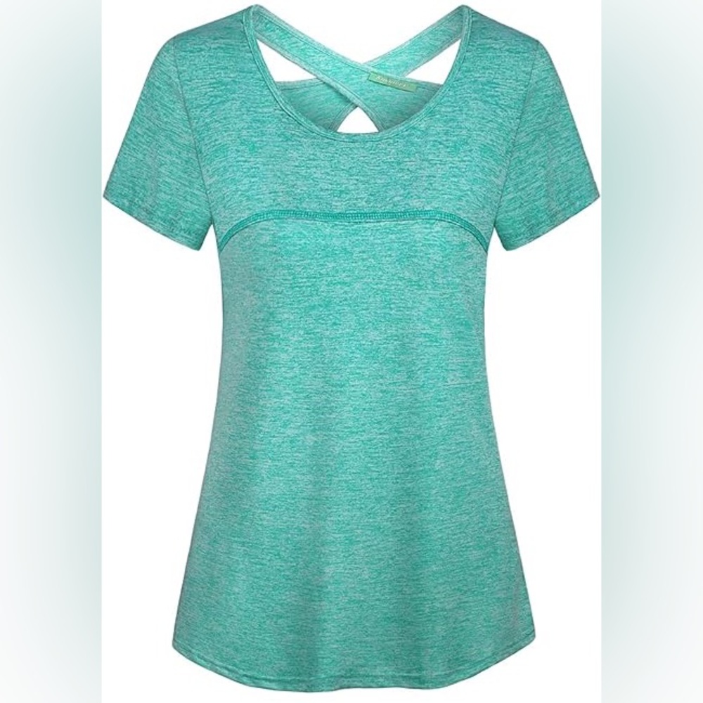 Kimmery Woman Short Sleeve Round Neck Criss Cross Back Yoga Shirt 2XL Green NWT